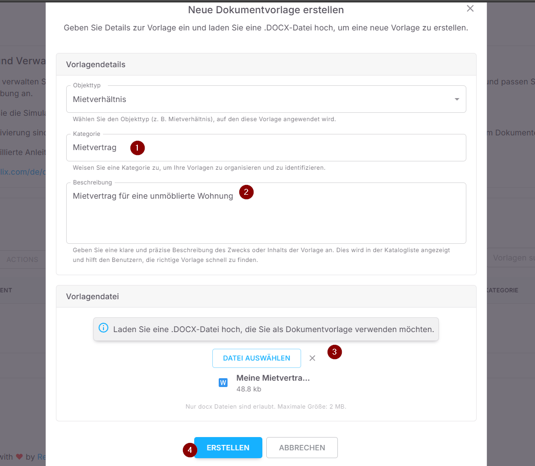 Einrichten der Vorlagendetails