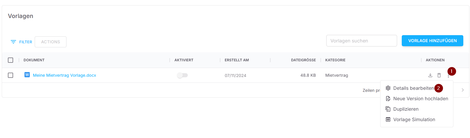 Aktivierung der Vorlage