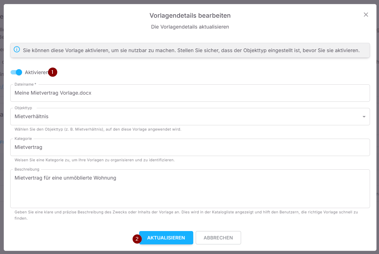 Aktivierung der Vorlage
